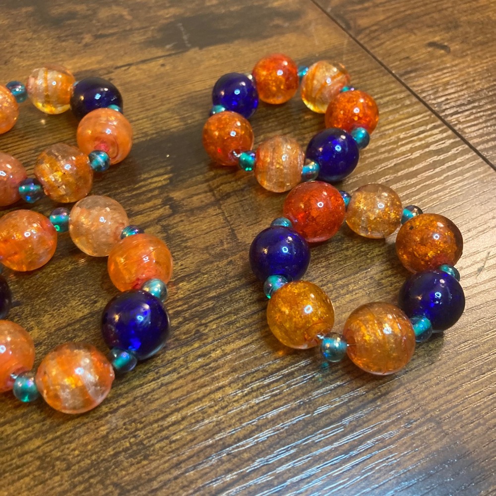 Set of 4 Beaded Napkin Rings Orange Cobalt Blue Glass Crackle Bead Table Decor